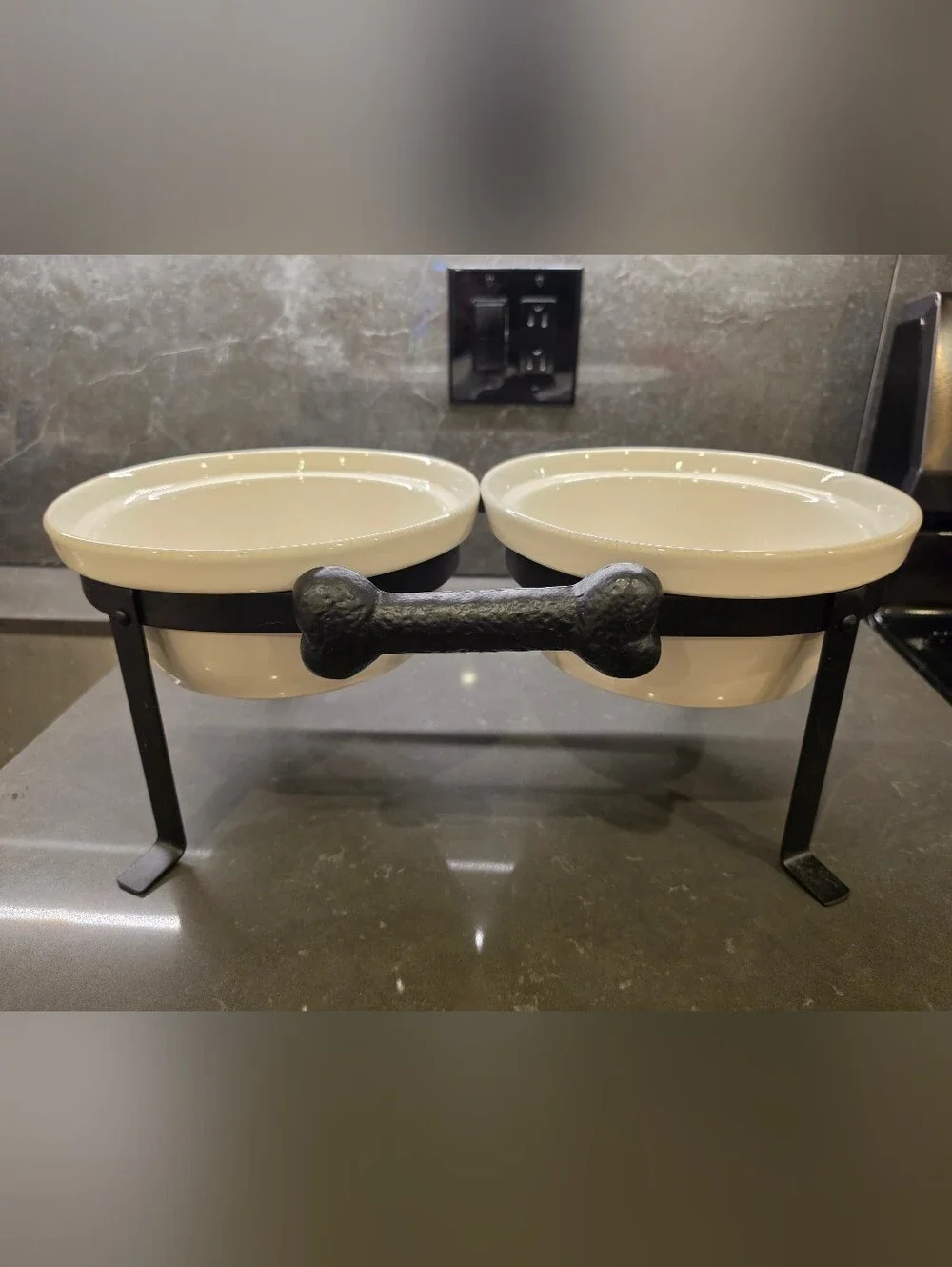 Pottery Barn Large Black Metal Double Dog Bowl with Cream Ceramic Inserts